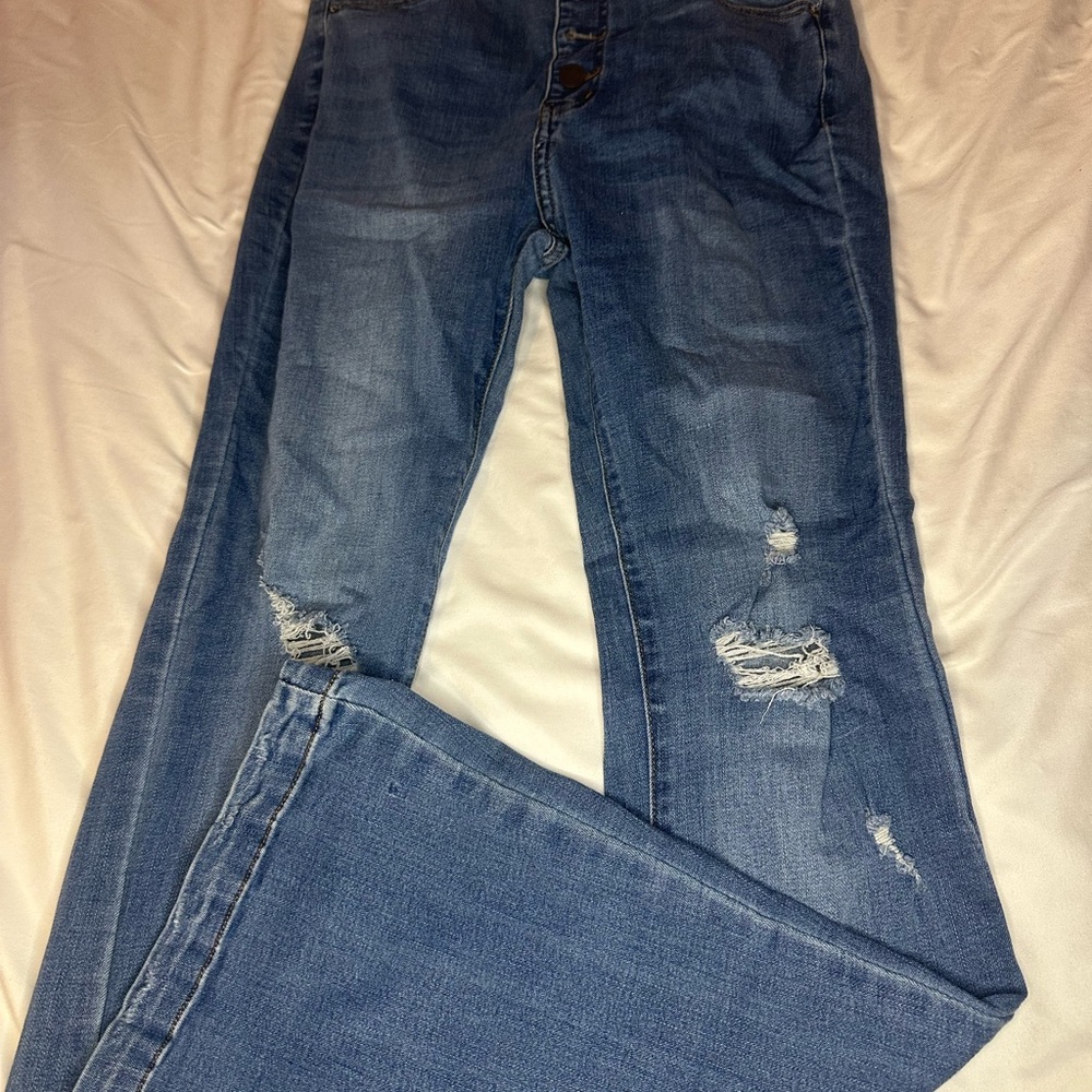 Trendy Distressed Light Blue Flare Jeans
